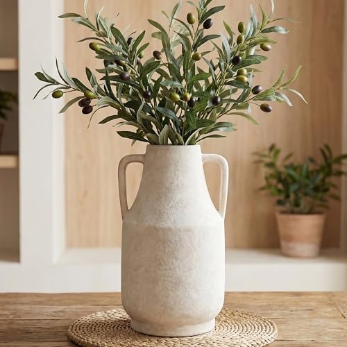11 Inch Tall Ceramic Vase with Handles, Off-White Farmhouse Rustic Decor | Large Terracotta Style Table Vase for Living Room, Shelf & Fireplace Mantle | Decorative Pottery Centerpiece - color: Antique