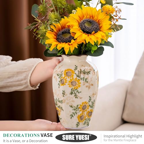 for Mom from Daughter or Son, Hand-Painted Sunflower Vintage Ceramic Octagonal Vase 9.1”, Green Yellow Beige Floral Vase for Bouquet, Mantle, Table Centerpiece, Bookshelf, Office - color: Yellow Sunflower - 003