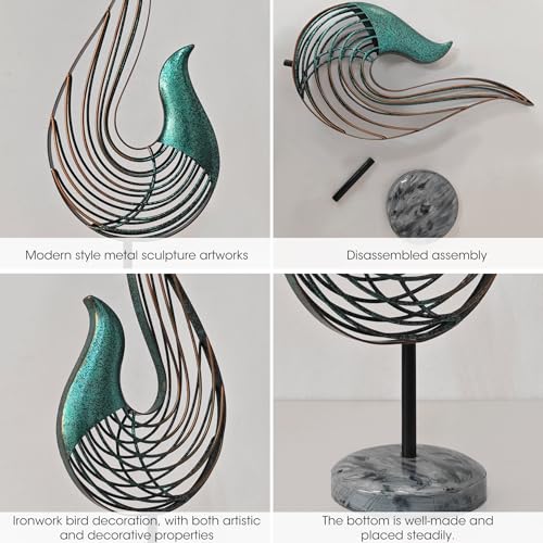 Teal Abstract Bird Sculpture, Modern Metal Wireframe Art Decor with Base, Minimalist Home Decor Accent for Living Room Table, Office Desk, Shelf Display