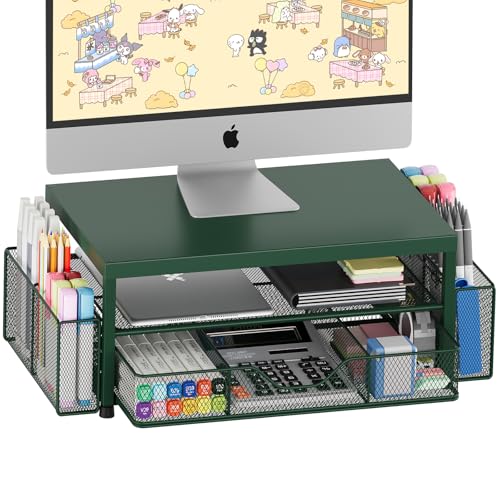 OPNICE Desk Organizers and Accessories, 2-Tier Computer Monitor Stand Riser with Drawer and 2 Pen Holders, Laptop Stand, Office Desk Accessories for Office Supplies, Dark Green - color: Dark Green