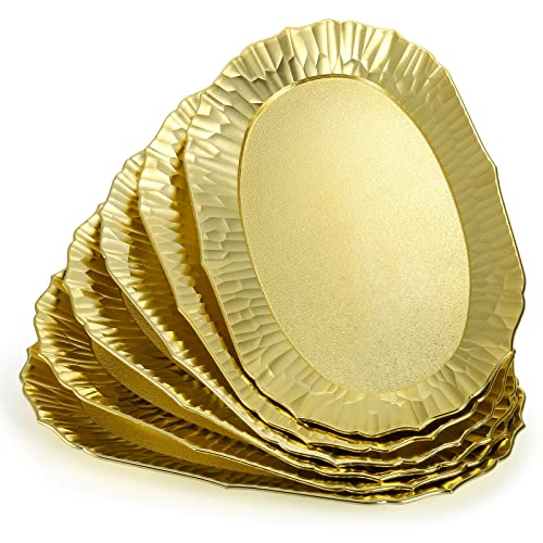 AVLA 6 Pack Plastic Serving Tray, Gold Serving Platter Set, Reusable Party Snack Serving Tray, Decorative Food Appetizer Platters for Dessert Table, Cupcake, Charcuterie, Cookies, 14" x 8.5"