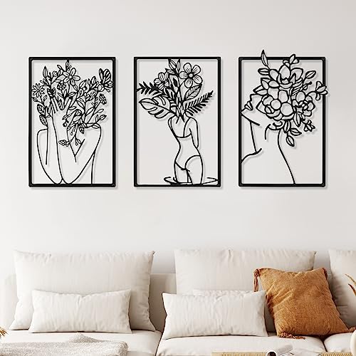 CHENGU 3 Pieces Metal Minimalist Abstract Woman Wall Art Line Drawing Wall Art Decor Single Line Female Home Hanging for Kitchen Bathroom Living Room - style: Leaf Style