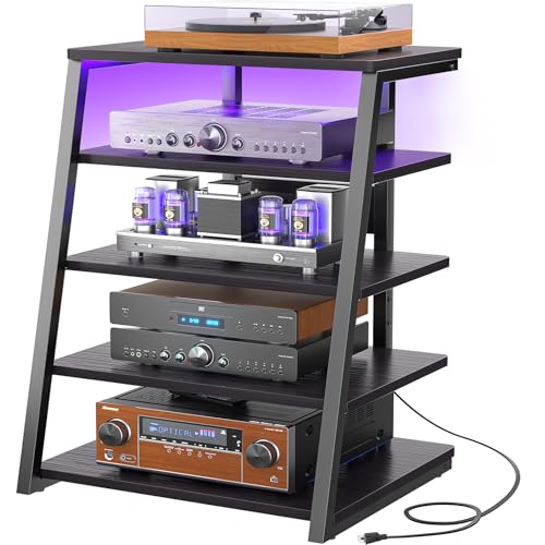 Armocity 5-Tier AV Media Stand with Power Strips, Media Console with LED Lights, Audio Tower Rack with Adjustable Shelves, Stereo Stands and Racks, 40.8'', Black Ebony - color: Black Ebony, size: 40" (H)