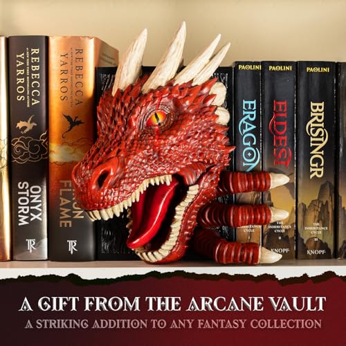 Dragon Bookend | Pops Off Your Shelf | Solid Build | Use Between Books or on a Bookshelf End or Book Nook | Fantasy Dragon Decor | Gothic Medieval Shelves Booknook Bookends (Crimson Red) - color: Crimson Red