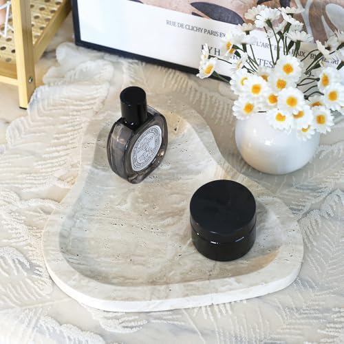 Natural Marble Oval Jewelry Dish, Trinket Tray for Ring & Earring Holder, Vanity/Nightstand Decor with Unique Natural Veins, Gift for Women/Mom/Daughter - color: 021-White Travertine, size: 9.1"L x 9.1"W x 0.7"H