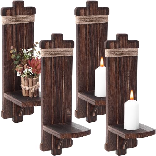 Weysat 4 Sets Rustic Wall Candle Sconces Decor Vintage Farmhouse Handmade Wooden Wall Mount Candle Holders for Bedroom Living Room Bathroom Home Hanging Art Decorations Accessories Gifts