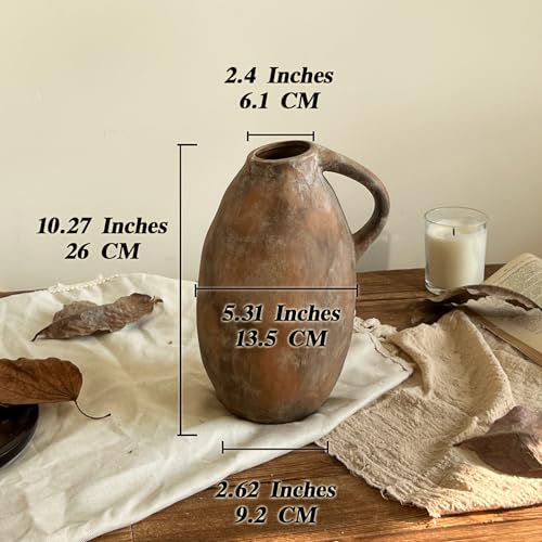 Ceramic Rustic Farmhouse Vase with Handle, 10.3 Inch Large Vintage Vase for Home Decor, Handmade Ceramic Flower Vases for Living Room, Kitchen, Office Farmhouse Centerpiece, Brown - color: Brown