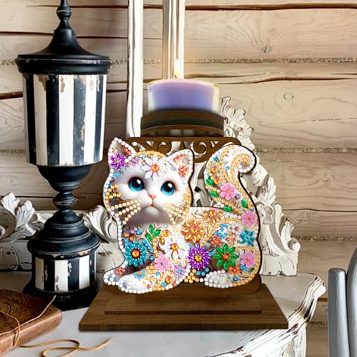 BAYUNOE DIY Candlestick Holders Wooden Desktop Diamond Art Painting Candle Holder Double-Sided Diamond Vintage Modern Decorative for Table Mantel Wedding Dinning Party-Cat - color: Cat