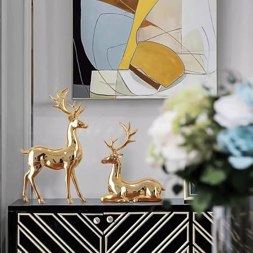 Statue Decorations Two Piece Set of Elk TV Cabinet Decoration, Light Luxury Home Decor, Living Room Electroplating Process, Wine Cabinet Decoration Home Decor Object(Gold)