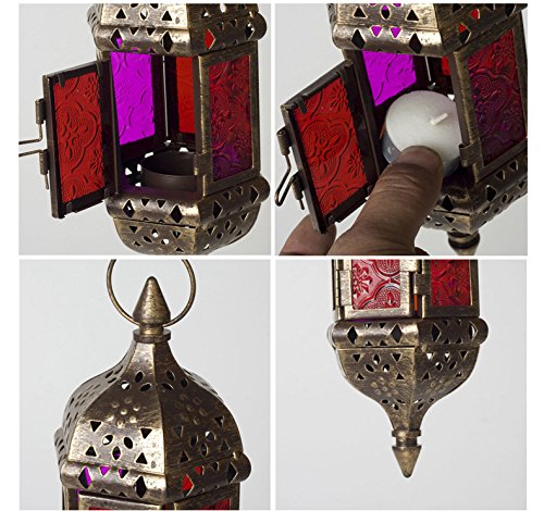 2PCS Moroccan Decorative Candle Lantern Metal Hanging Tealight Candlestick Holder Glass Indoor Outdoor LED Flameless Candle Holder 13.8 inches Chain (Vintage Bronze Gold) - color: Vintage Bronze Gold