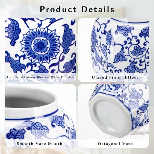 Blue and White Vase 8.5 Inch Traditional Chinoiserie Floral Vase Porcelain Ginger Jar Octagonal Vases Blue and White Porcelain Decor for Home, Living Room, Kitchen, Mantel, Shelf, Table - color: 8.5 Inch Blue & White