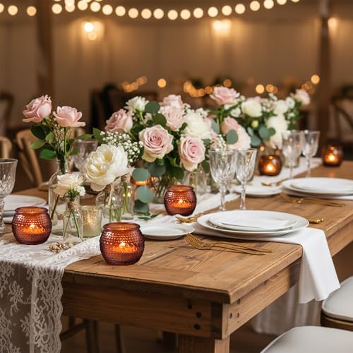 32 Pcs Amber Votive Candle Holders, Round Amber Glass Candle Holder with Polka Dot Embossed, Vintage Votive Candle Holders for Weddings, Home Decor, Baby Shower, Special Occasions - color: Amber