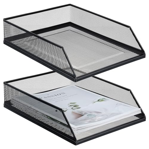 Hicarer 2 Pcs Black Metal Letter Tray Stackable Desk Tray Single Wire Mesh Organizer Front Load File Paper Holder for Desktop Office Home School Classroom (12.8 x 9.84 Inch) - size: 12.8 x 9.84 Inch