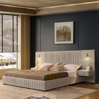 Luxury King Size Bed Frame with Oversized Upholstered Headboard, Modern Chenille Upholstered Platform Bed Frame with Gold LED Lights, Nightstands, No Box Spring Needed, Beige - color: Beige, size: King