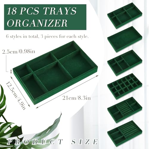 Junkin 18 Pcs Velvet Jewelry Tray, Stackable Jewelry Organizer Trays for Drawer, Jewellery Box Divided Display Tray, Jewelry Inserts for Drawer for Rings Earring Bangle Necklaces(Dark Green) - color: Dark Green