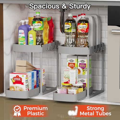 Ukeetap 2 Pack Multi-Purpose Pull-Out Storage Organizers, Under Sink Organizers and Storage for Bathroom & Kitchen, Under Cabinet Organizers and storage, 14.8 Inch, Grey - color: Gray, size: 14.8 Inch