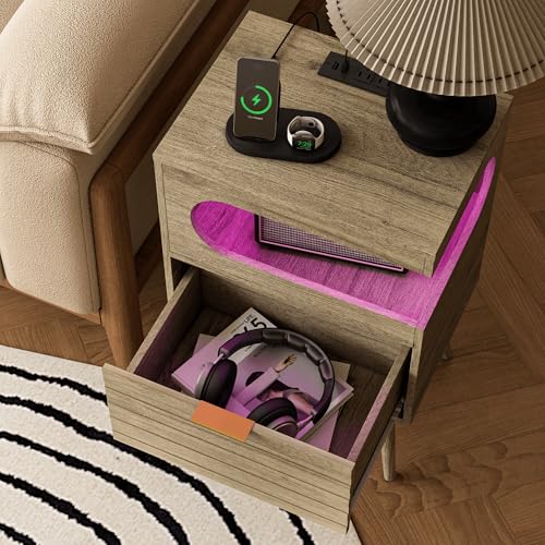 Veegle Nightstand,Modern Bedside Table with Storage Drawer and Open Wood Shelf, Accent Night Stand with Solid Wood Legs for Living Room, Bedroom and Small Spaces,Easy Assembly (Grey Oak) - color: Grey Oak