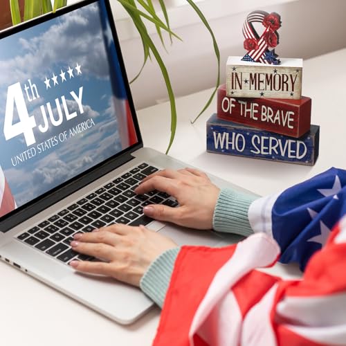 CroBlissful 4 Pcs Memorial Day Table Decorations Patriotic Tabletop Decorations Red White Blue Fourth of July Table Centerpieces Sign for Office Tiered Tray Home Shelf 250th Anniversary - style: Ribbon