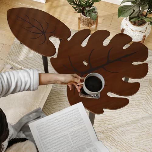 BAMEOS Monstera Leaf Nesting Tables Set of 2, Small Side Tables f Set with Leaf Vein Pattern, Modern Wooden CoffeeTables for Living Room Bedroom Apartment Balcony Yard - color: Monstera
