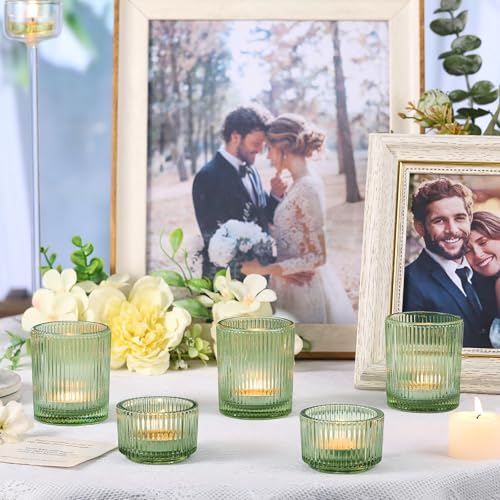 NITIME 10pcs Ribbed Green Votive Candle Holders for Wedding Table Decor, Assorted Tea Light Candle Holder Glass, Green Candle Holders for Table Centerpieces, Brithday and Tea Party Decorations - color: Green