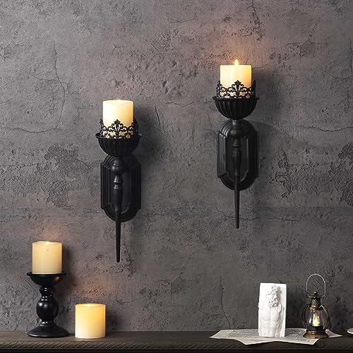 Gothic Wall Sconce Candle Holder (Set of 2) Black Crown and Scepter Design Wall-Mount Metal Candle Holders Hanging Iron Wall Candle Sconce Holder for Living Room, Bathroom, Dining Room - color: Crown Sconce - Standard