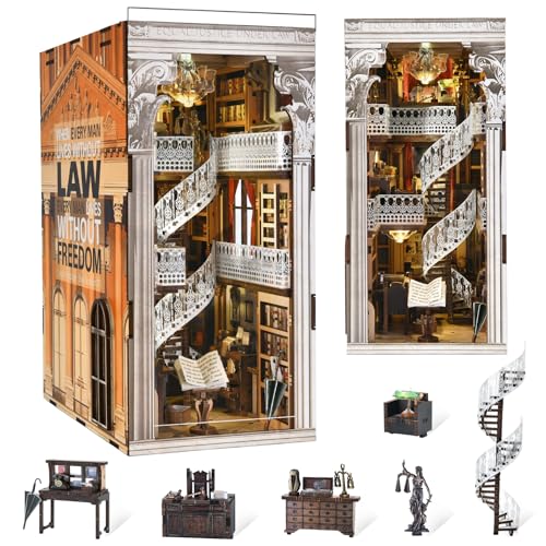 MiniCity DIY Book Nook Kit for Adults, 3D Wooden Puzzle Bookend Bookshelf Insert Decor with LED Light and Dust Cover (Law Library) - style: Law Library