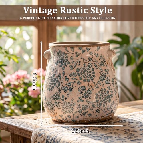 Ceramic Scroll Planter 6.5 Inch Chinoiserie Floral Vase with Drainage Holes Vintage Flower Vase Flower Pot Rustic Ceramic Pots for Indoor Plants Garden Home Bookshelf Decor(Indigo Blue) - style: Indigo Blue