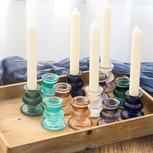 WDHODEC Christmas Taper Candle Holders 12PCS Glass Candlestick Holders for Table Centerpiece Colorful Candle Sticks for Wedding, Party and Winter Decoration(Blue&Green) - color: Blue & Green