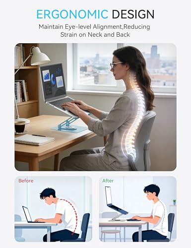 SOUNDANCE 360 Rotating Laptop Stand, Ergonomic Computer Riser for Desk, Adjustable Height Multi-Angle Metal Holder, Foldable Portable Notebook Elevating Base for Office & Home, Blue - color: Blue