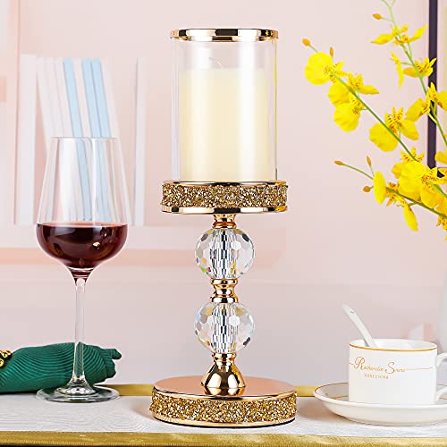 Pillar Candle Holder, 13 Inch Crystal Candlesticks for 3''X5'' Candles, Dining Coffee Table Decor, Wedding, Events, Parties - Glass and Gold Finish - size: 2 crystal balls