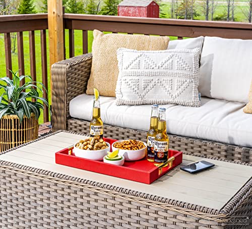 Modern Elegant 17.5"x12" Rectangle Red Shagreen Faux Leather Decorative Tray Ottoman Coffee Table Perfume Living Room Kitchen Serving Tray with Gold Polished Metal Handles by Home Redefined - color: Red/Gold