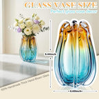 Hand Blown Glass Vase for Flowers, 9.45" Unique Murano Style Art Glass Vase, Fluted Teal Amber Ombre Decorative Vases for Home Decor, Living Room Table Centerpiece, Bookshelf, Wedding Gift