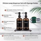 Kitchen Soap Dispenser Set with Instant Dry Tray & Sponge Holder,16 Oz Hand and Dish Soap Amber Glass Dispenser Set,Stainless Steel Pump,Waterproof Labels,Luxury Soap Bottle for Bathroom - color: Amber Bottle+black Pump