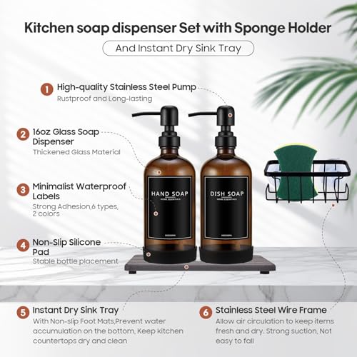 Kitchen Soap Dispenser Set with Instant Dry Tray & Sponge Holder,16 Oz Hand and Dish Soap Amber Glass Dispenser Set,Stainless Steel Pump,Waterproof Labels,Luxury Soap Bottle for Bathroom - color: Amber Bottle+black Pump