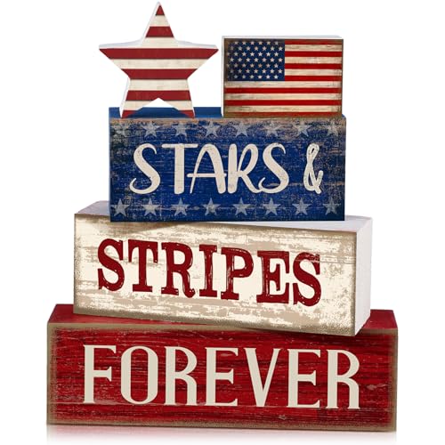 CroBlissful 5 Pcs 4th of July Decorations Patriotic Memorial Day Tabletop Decoration Forever Red White Blue Table Centerpieces Sign for Office Tiered Tray Home Shelf 250th Anniversary - style: Forever
