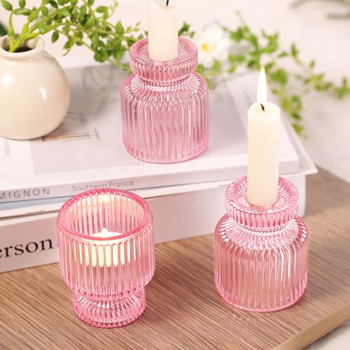 DARJEN 6 Pcs Pink Candlestick Holders - Glass Taper Candle Holders Tealight Votive Candle Holders for Table Centerpieces, Wedding, Dinner Party, Home, Gifts - color: Pink, size: 6Pcs