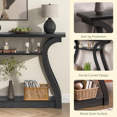 Wooden Console Table with Curved Legs and Shelf, 3-Tier Modern Accent Narrow Sofa Table for Entrance Area, Living Room, Hallway, 47 in Wide Wood Console Table for Entryway (Black) - color: Black