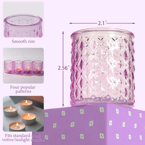 LETINE 16 Pack Purple Votive Candle Holders for Tea Lights Candles, Assorted Glass Candle Holder Bulk Set with 4 Patterns for Home Decor, Parties & Spring Summer Wedding Centerpieces - color: Purple
