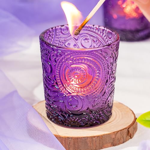 6 Pack Sun Moon Star Embossed Glass Tea Light Candle Holders - Votive Candle Holders for Wedding, Party, Home Decor, and Table Centerpieces (Amethyst Purple) - color: Amethyst Purple