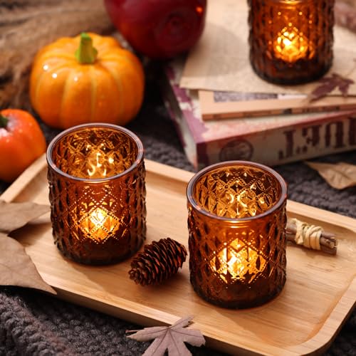 MATAHUM 12Pcs Large Votive Candle Holders 2.8 * 3.2in Amber Tea Light Candle Holders Glass Candle Holder for Bridal Shower, Wedding, Table Centerpiece, Party, Home Decor - color: Amber