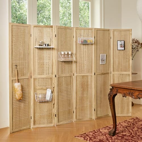 Pegboard Display, 5.6Ft Portable Freestanding Wall Organizer Wooden Room Divider Folding Privacy Screens for Craft Art Display Board (6 Panels, Natural) - color: Natural, size: 6 Panels