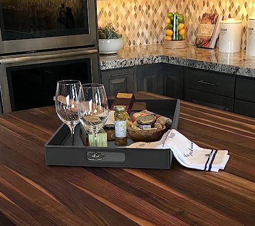 HofferRuffer Rectangle Serving Tray with Hole Handles for Coffee Table, Breakfast, Tea, Food, Butler - Countertop, Kitchen, Vanity Serve Tray, 16.2 x 12.2 x 2 inches, Faux Leather Tray (Black) - color: Black, size: 16.2" x 12.2" x 2"