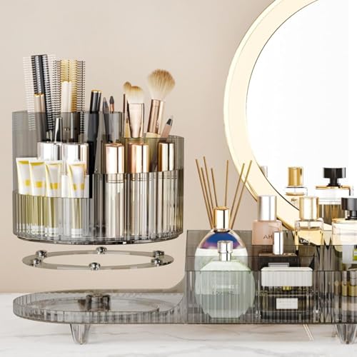 Rotating Makeup Organizer for Vanity with Brush Holder, Cosmetic Makeup Storage Organizer, Large Spinning Makeup Skincare Organizer, Countertop Makeup Perfume, Lotions Display Case (Transparent Black) - color: Transparent Black