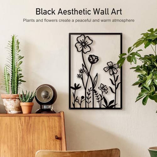 Sokurdeg Black Metal Flowers Wall Decor, Minimalist Floral Wall Hanging Art, Black Abstract Line Wall Art Sculptures for Bedroom Bathroom Living Room (4 Pcs, 12 x 17 in) - color: Black, size: 12 x 17 in