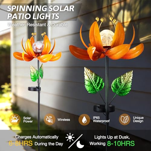 AIINY Outdoor Solar Lights Garden Decor,Wind Spinner Yard Decorations for Outside, Lotus Garden Windmill with LED Cracked Crystal Waterproof Flower Sculpture for Patio Lawn Gardening Gifts - color: Passionate Orange