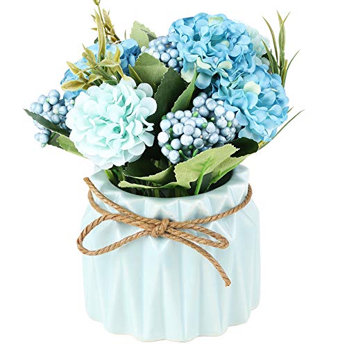 SUPNIU Artificial Hydrangea Bouquet with Small Ceramic Vase Fake Silk Variety Flower Balls Flowers Decoration for Table Home Party Office Wedding (Blue) - color: Blue