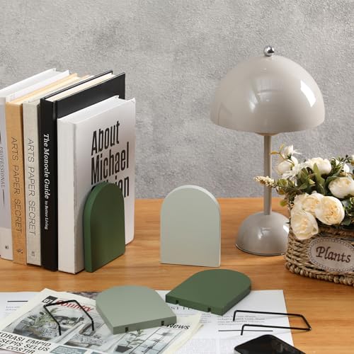 Honoson 4 Pcs Boho Wood Bookends Back to School Sage Green Wooden Book Stands Decorative Non Skid Book Stoppers for Books Cds Videos Albums Office Desktop Shelves(Green) - color: Green