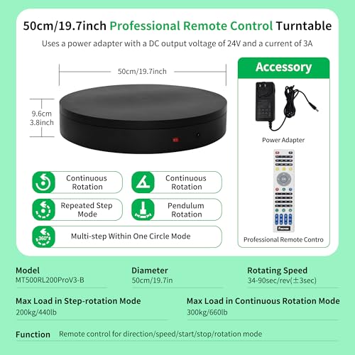 Super Heavy Duty Remote-Controlled Motorized Turntable,Motorized Rotating Display Stand,Speed-Adjustable Rotating Platform,Human 3D Scan Electric Turntable for Scan,Showcase(19.7in/Black) - size: 19.7inch/Black/700Lbs Load