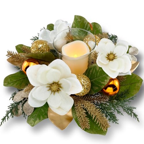 18" Centerpiece with Flameless LED Candle Holder, Design with White Artificial Magnolia, Gold Baubles & Spruce Branches for Holiday Decor (White) - color: White