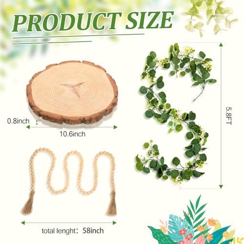 Geelin 6 Pcs Boho Rustic Table Centerpieces, 3 Modern Ceramic Vases, Wooden Slice Tray, Farmhouse Wood Beads Garland with Tassel, Artificial Vines for Dining Home Table Decor(White) - color: White